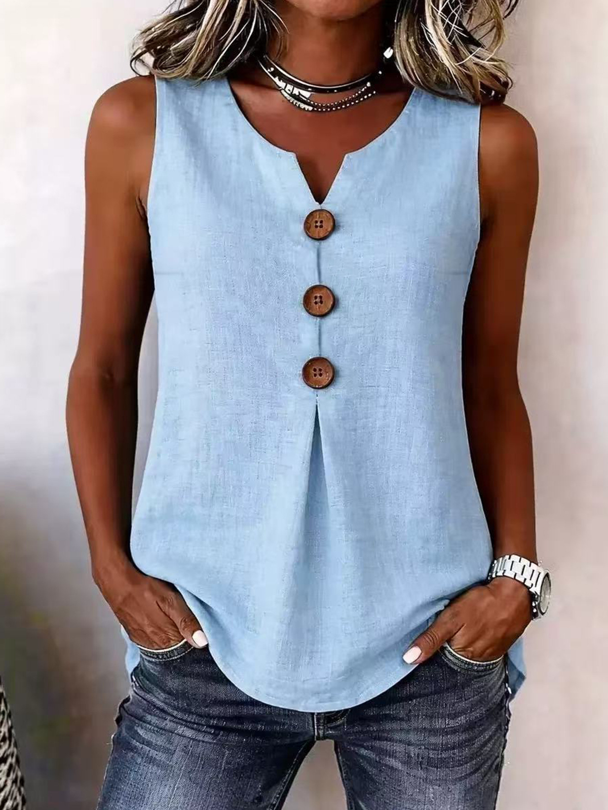 Solid Colour Button V Neck Sleeveless Top – Sienna Noosa