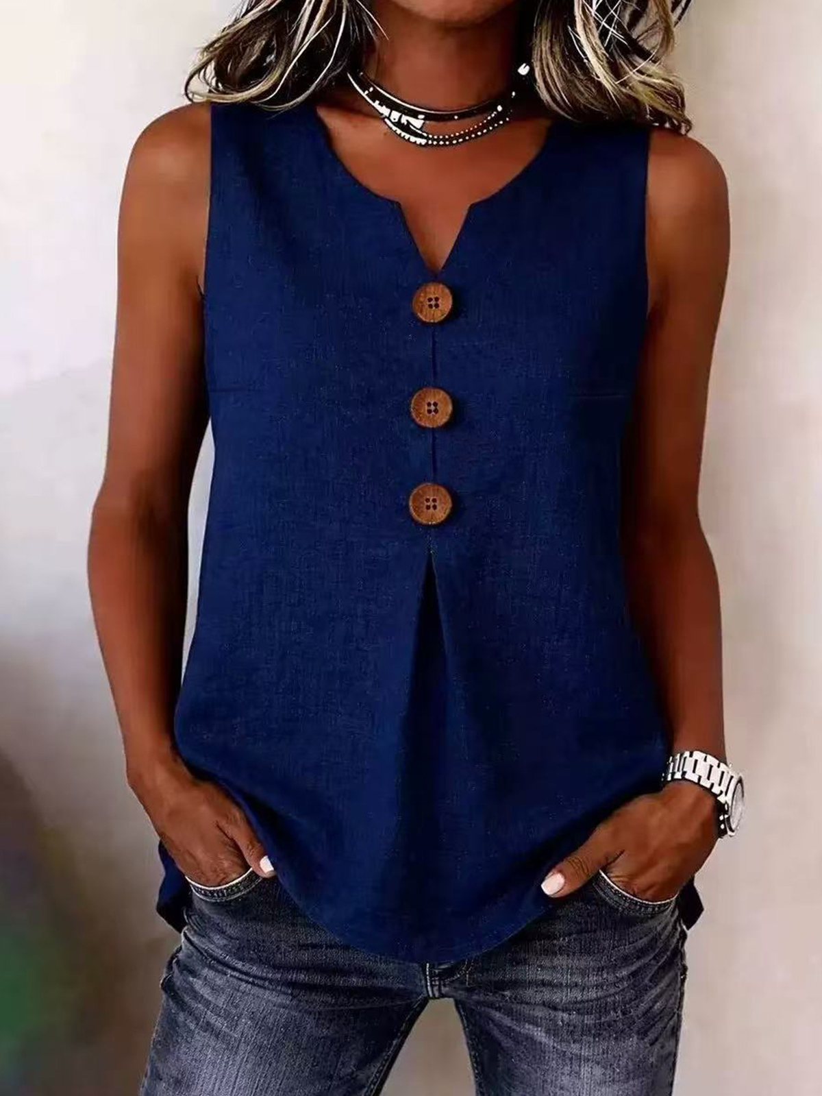 Solid Colour Button V Neck Sleeveless Top – Sienna Noosa