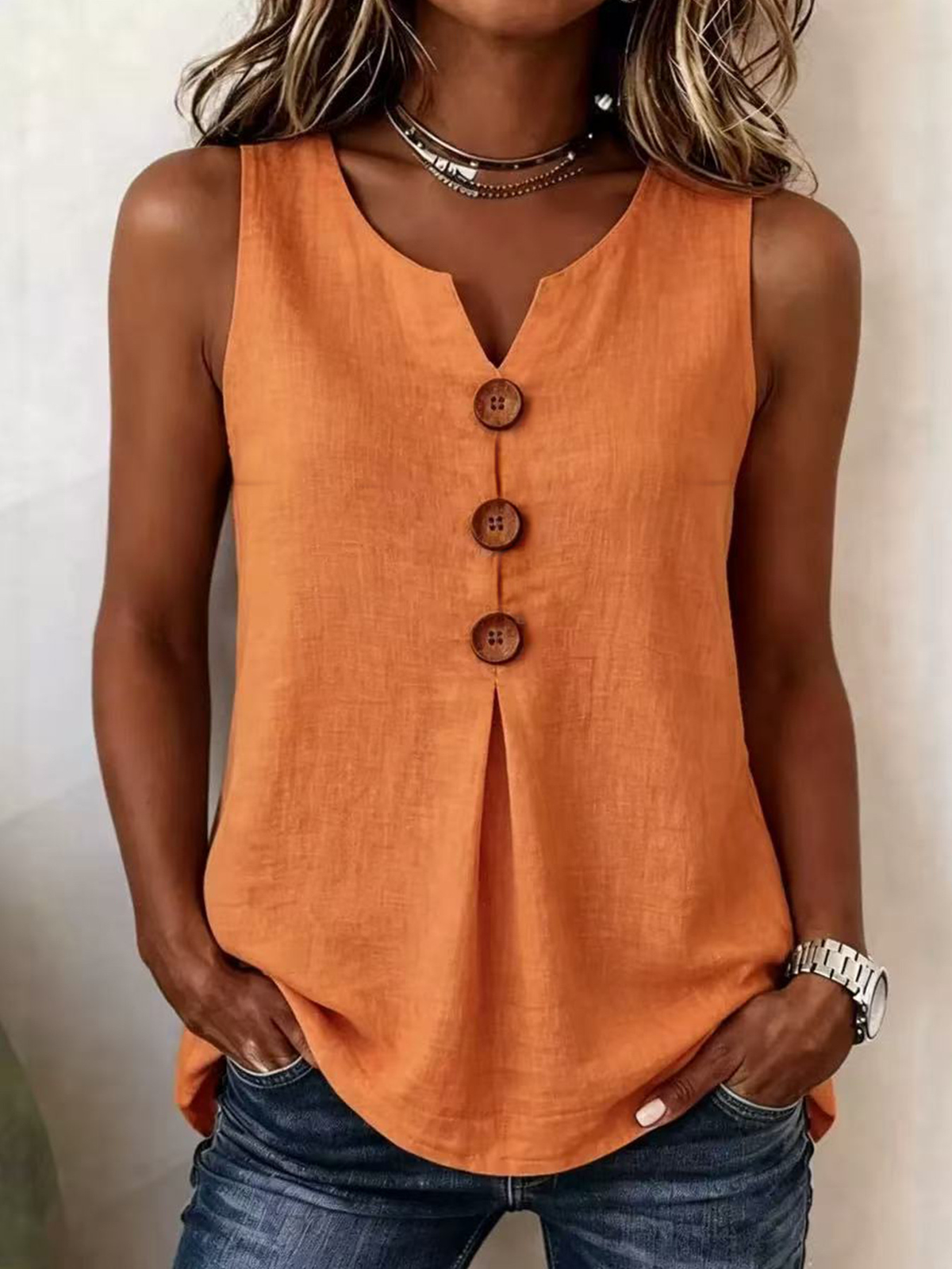 Solid Colour Button V Neck Sleeveless Top – Sienna Noosa