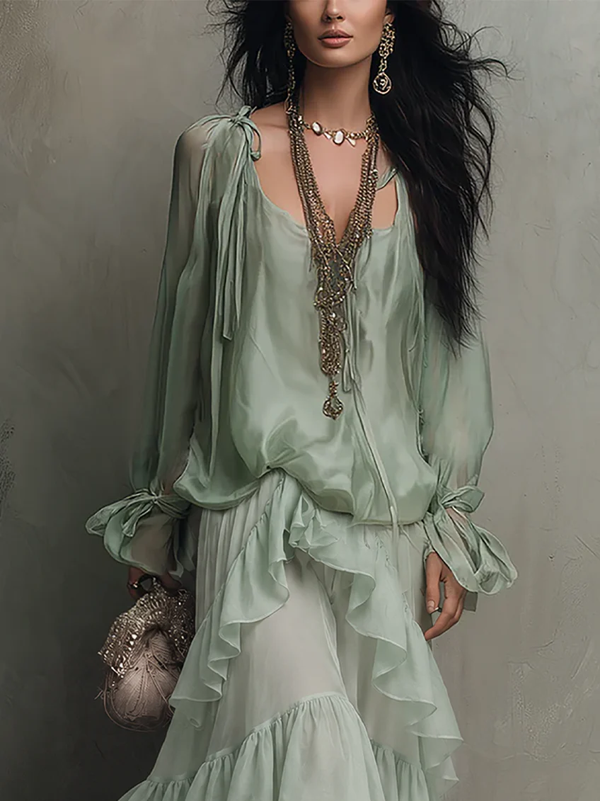 Agata Mint Green Chiffon Ruffled Top Paired with A-line Layered Skirt Set – Sienna Noosa