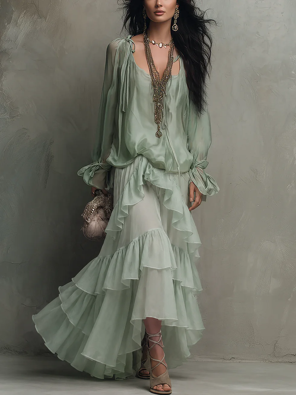 Agata Mint Green Chiffon Ruffled Top Paired with A-line Layered Skirt Set – Sienna Noosa