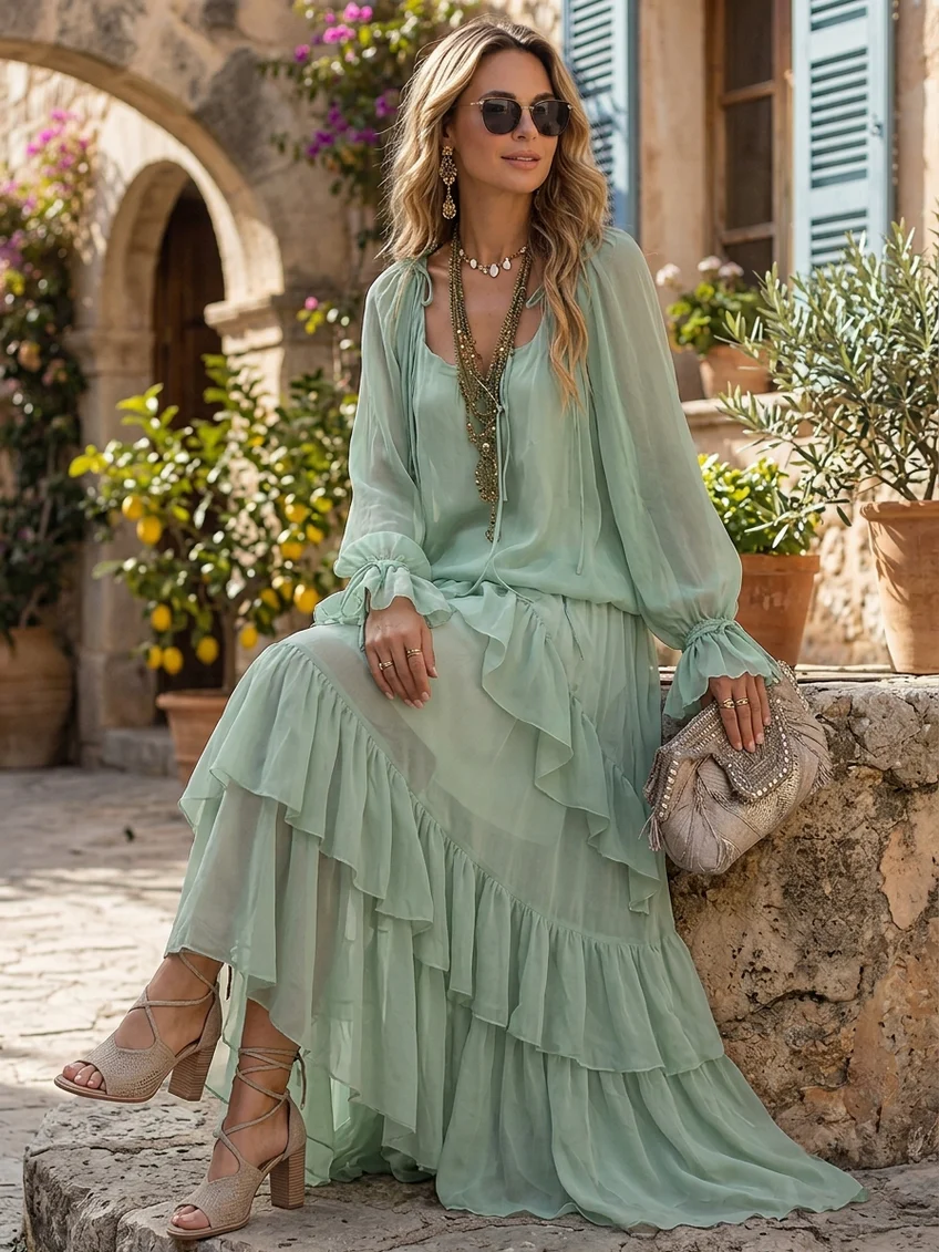 Agata Mint Green Chiffon Ruffled Top Paired with A-line Layered Skirt Set – Sienna Noosa