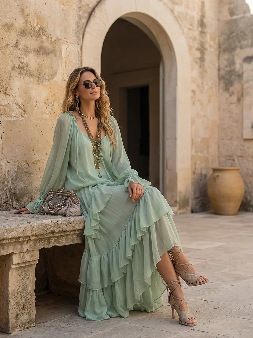 Agata Mint Green Chiffon Ruffled Top Paired with A-line Layered Skirt Set – Sienna Noosa