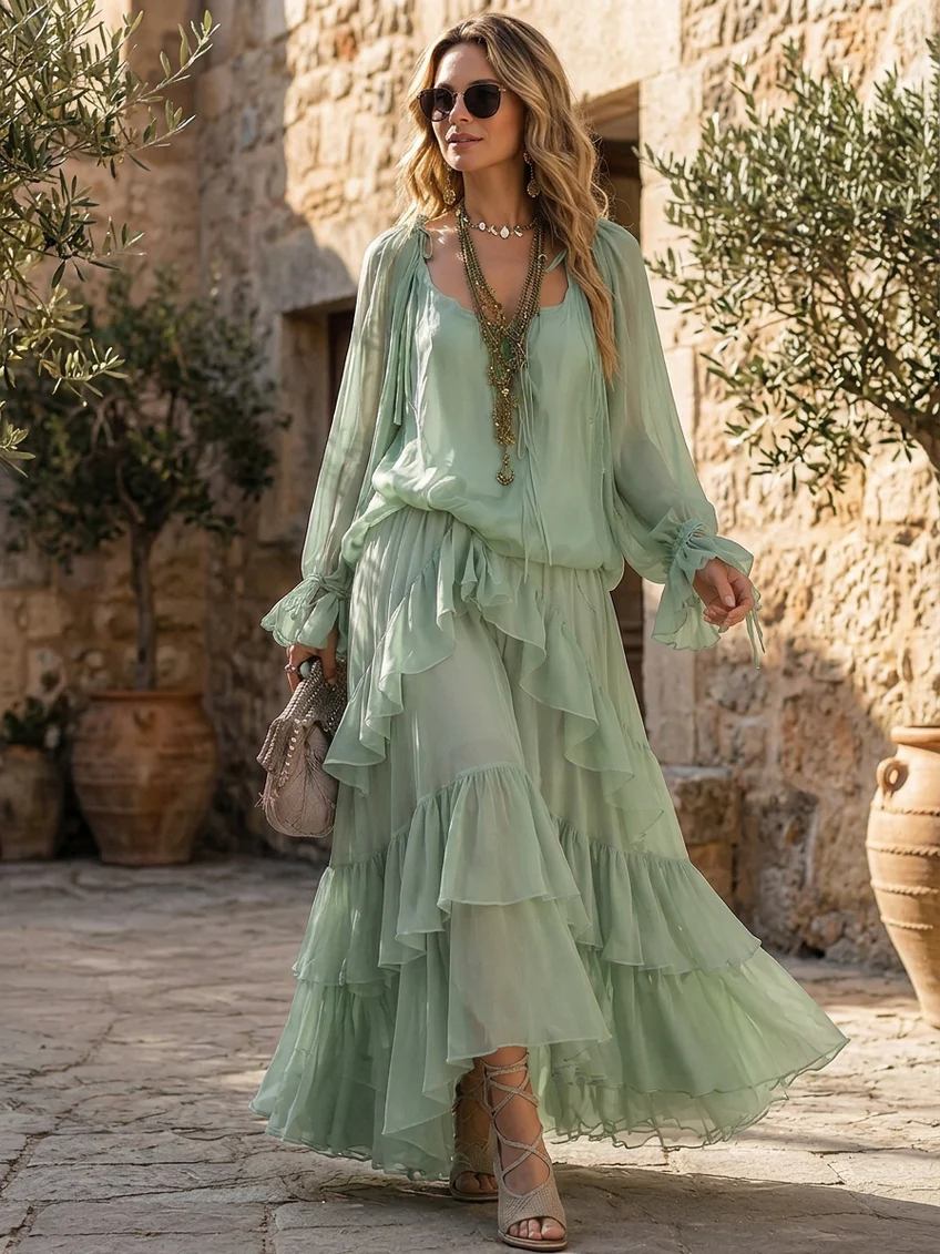 Agata Mint Green Chiffon Ruffled Top Paired with A-line Layered Skirt Set – Sienna Noosa