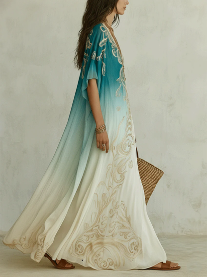 Gradient Gold Printed Kaftan Flowing Maxi Dress – Sienna Noosa