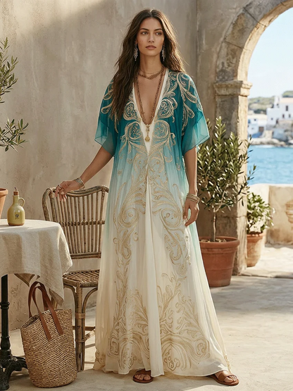 Gradient Gold Printed Kaftan Flowing Maxi Dress – Sienna Noosa