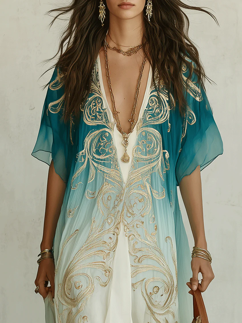 Gradient Gold Printed Kaftan Flowing Maxi Dress – Sienna Noosa