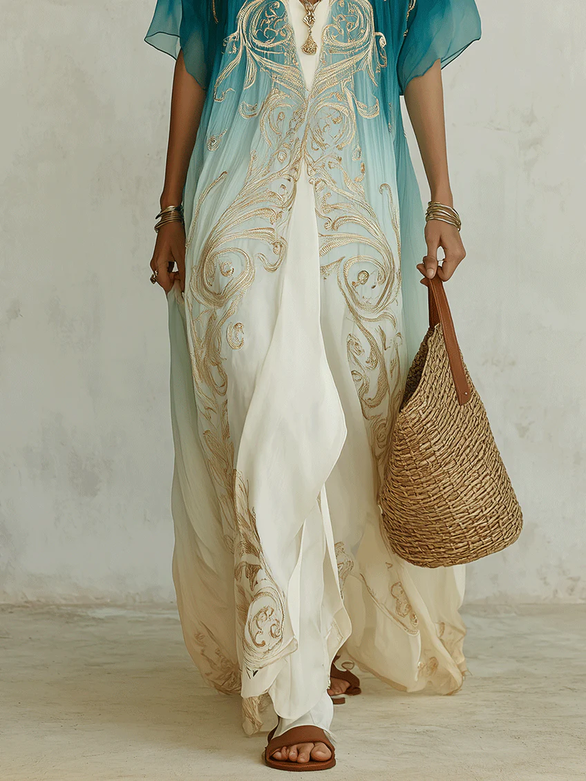 Gradient Gold Printed Kaftan Flowing Maxi Dress – Sienna Noosa