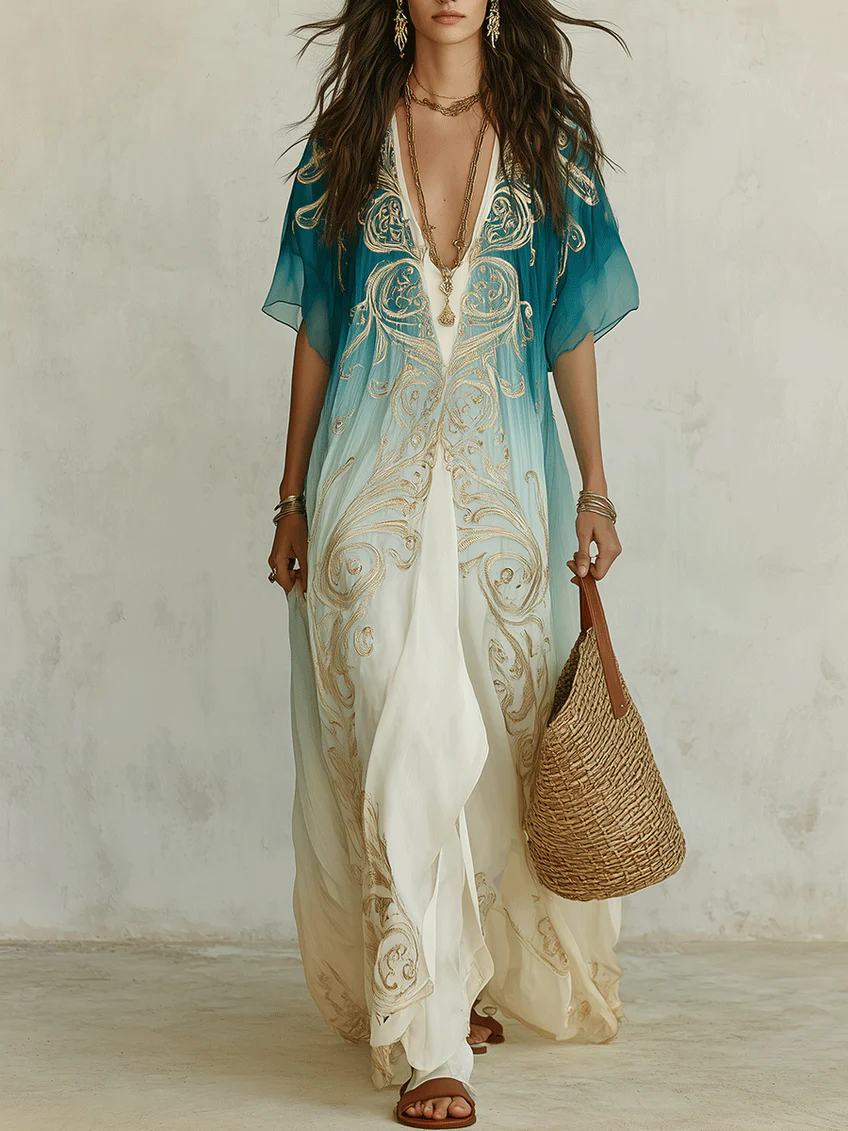 Gradient Gold Printed Kaftan Flowing Maxi Dress – Sienna Noosa