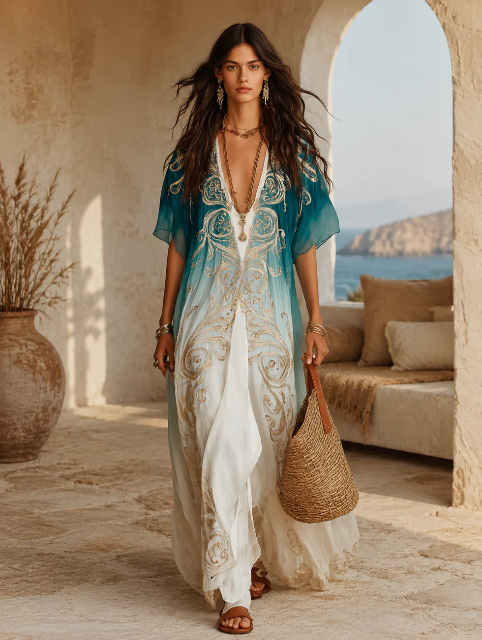 Gradient Gold Printed Kaftan Flowing Maxi Dress – Sienna Noosa