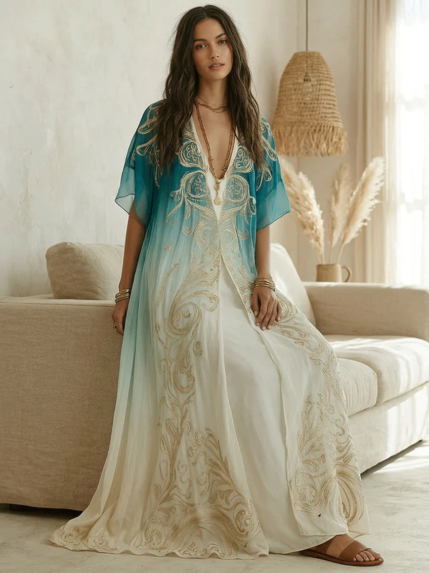 Gradient Gold Printed Kaftan Flowing Maxi Dress – Sienna Noosa