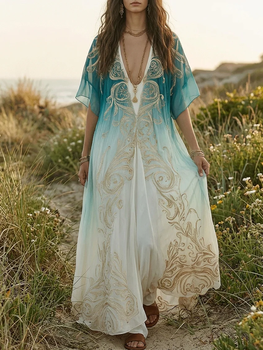 Gradient Gold Printed Kaftan Flowing Maxi Dress – Sienna Noosa