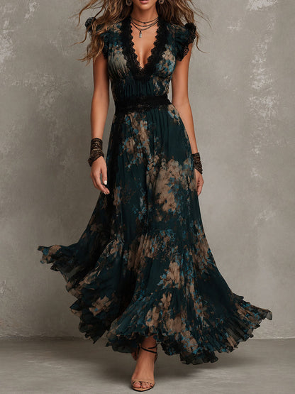 Vintage Dark Green Floral Lace Trimmed Chiffon Maxi Dress – Sienna Noosa
