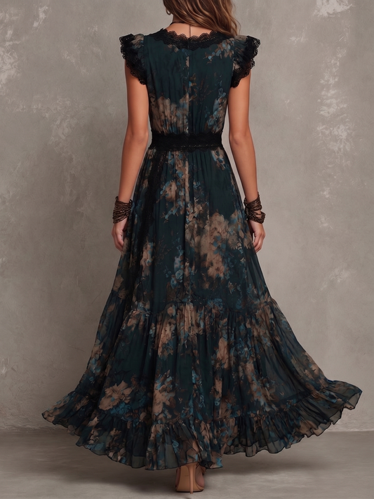 Vintage Dark Green Floral Lace Trimmed Chiffon Maxi Dress – Sienna Noosa