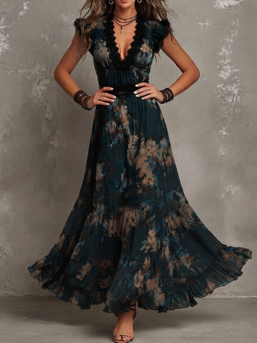 Vintage Dark Green Floral Lace Trimmed Chiffon Maxi Dress – Sienna Noosa