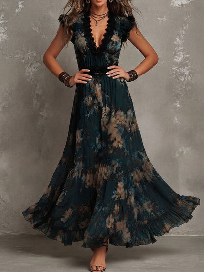 Vintage Dark Green Floral Lace Trimmed Chiffon Maxi Dress – Sienna Noosa