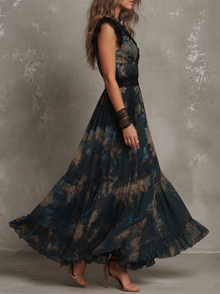 Vintage Dark Green Floral Lace Trimmed Chiffon Maxi Dress – Sienna Noosa