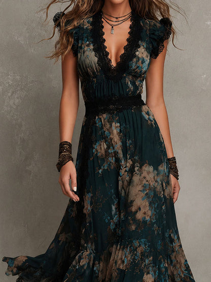 Vintage Dark Green Floral Lace Trimmed Chiffon Maxi Dress – Sienna Noosa