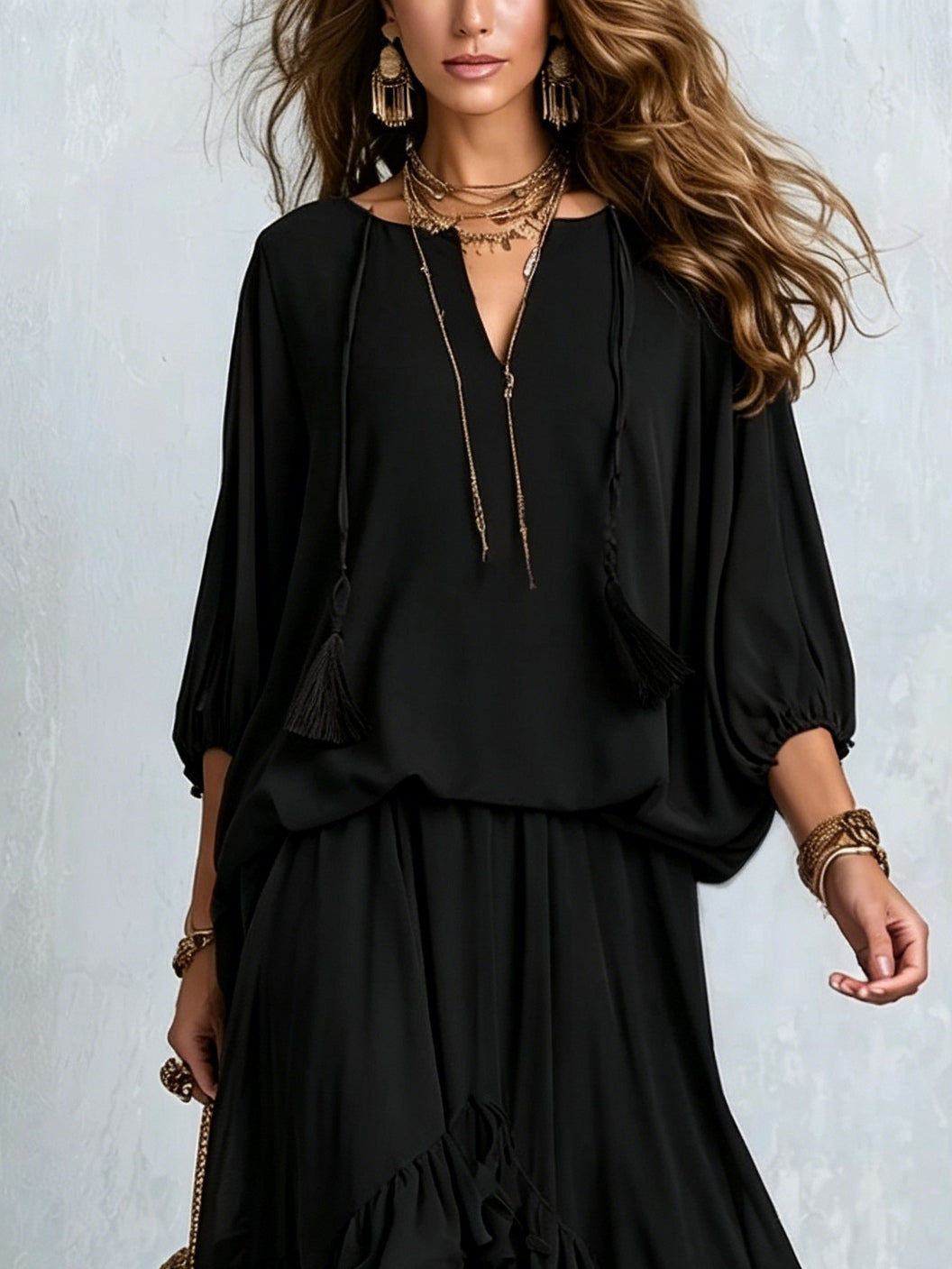 Camila Black Chiffon Tassel Drawstring V Neck Top Paired with A-line Ruffled Layered Skirt Set – Sienna Noosa