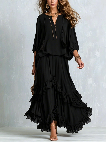 Camila Black Chiffon Tassel Drawstring V Neck Top Paired with A-line Ruffled Layered Skirt Set – Sienna Noosa