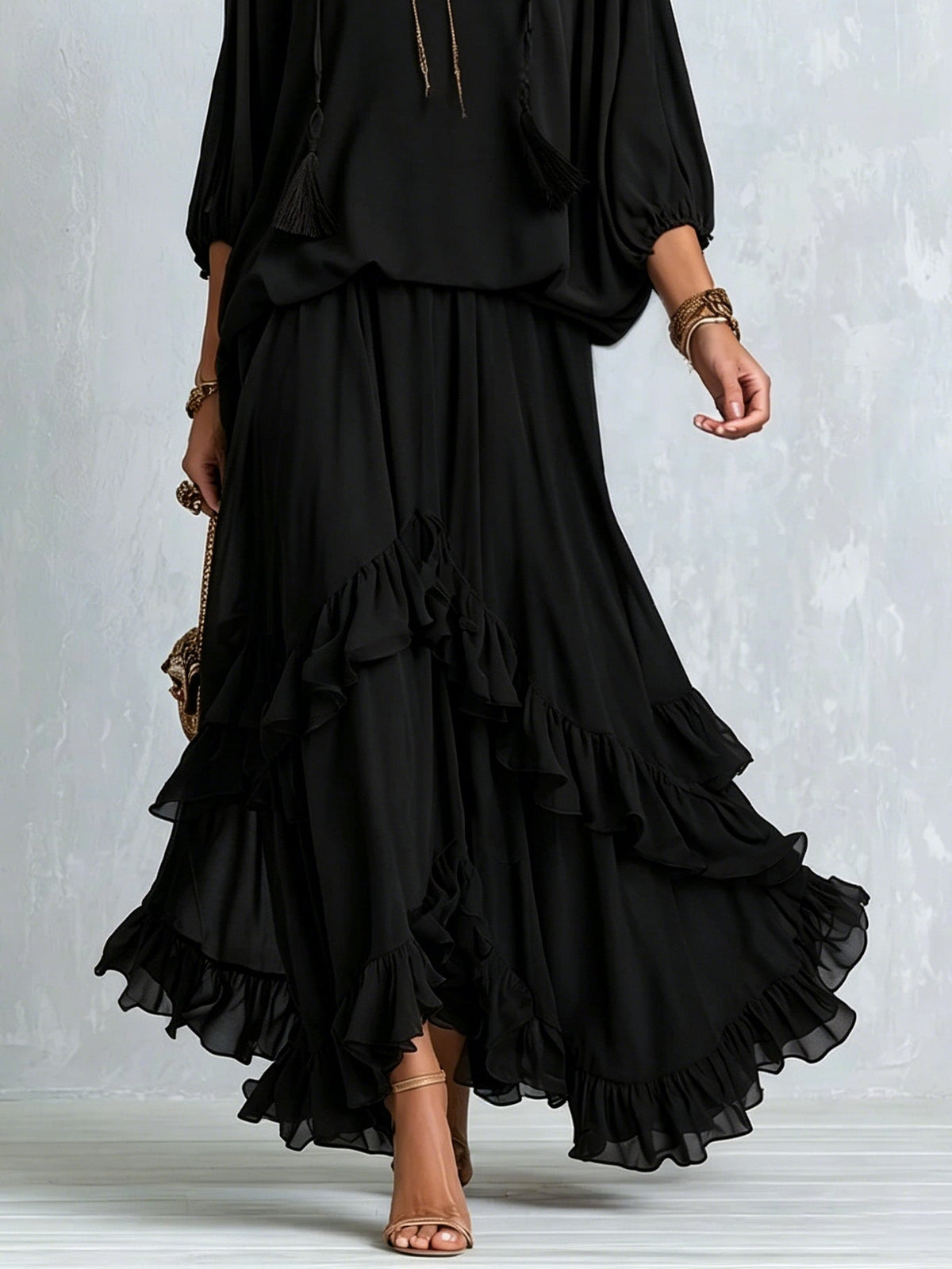 Camila Black Chiffon Tassel Drawstring V Neck Top Paired with A-line Ruffled Layered Skirt Set – Sienna Noosa