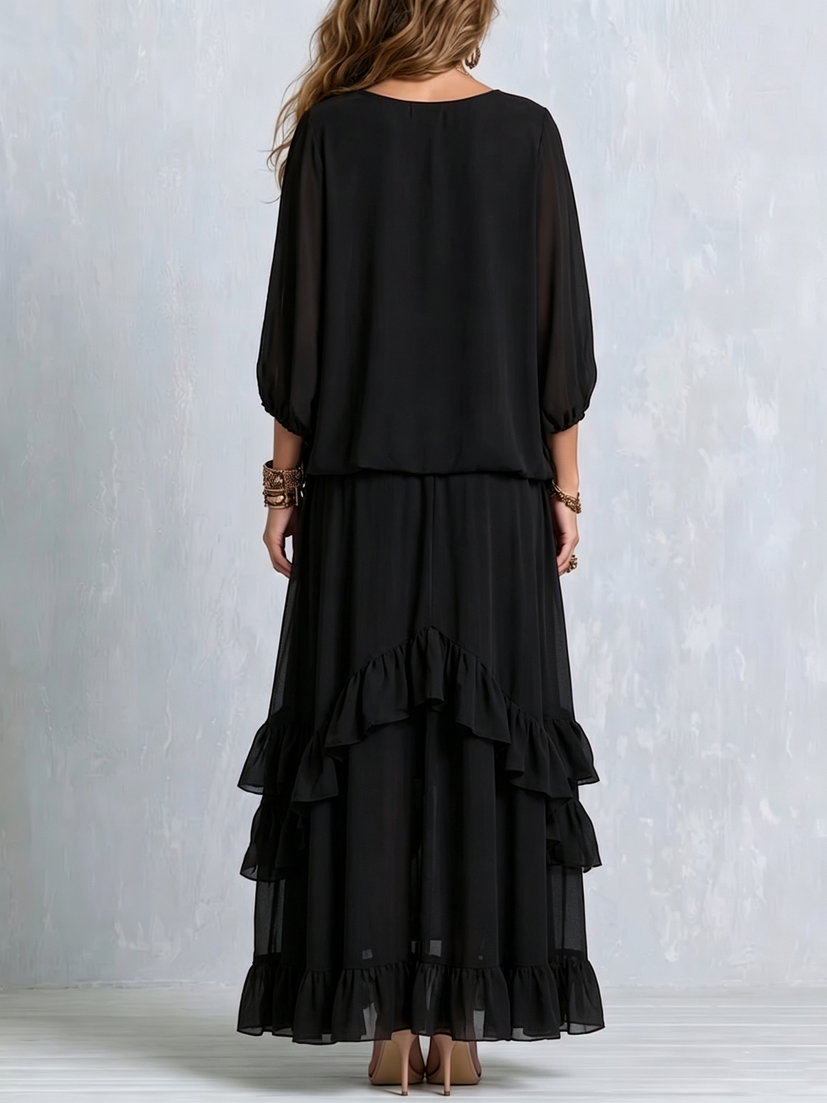 Camila Black Chiffon Tassel Drawstring V Neck Top Paired with A-line Ruffled Layered Skirt Set – Sienna Noosa