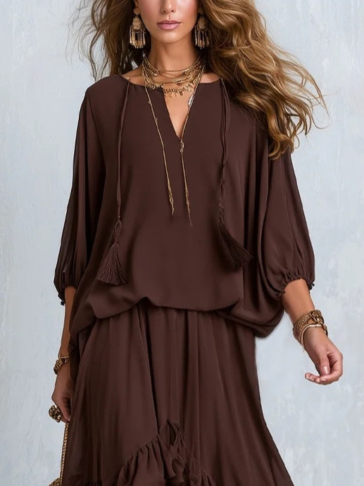 Verónica Brown Chiffon Tassel Drawstring V Neck Top Paired with A-line Ruffled Layered Skirt Set – Sienna Noosa