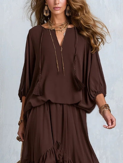 Verónica Brown Chiffon Tassel Drawstring V Neck Top Paired with A-line Ruffled Layered Skirt Set – Sienna Noosa