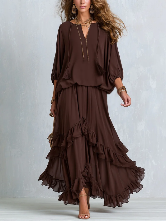Verónica Brown Chiffon Tassel Drawstring V Neck Top Paired with A-line Ruffled Layered Skirt Set – Sienna Noosa