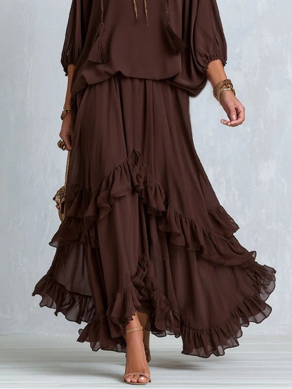 Verónica Brown Chiffon Tassel Drawstring V Neck Top Paired with A-line Ruffled Layered Skirt Set – Sienna Noosa
