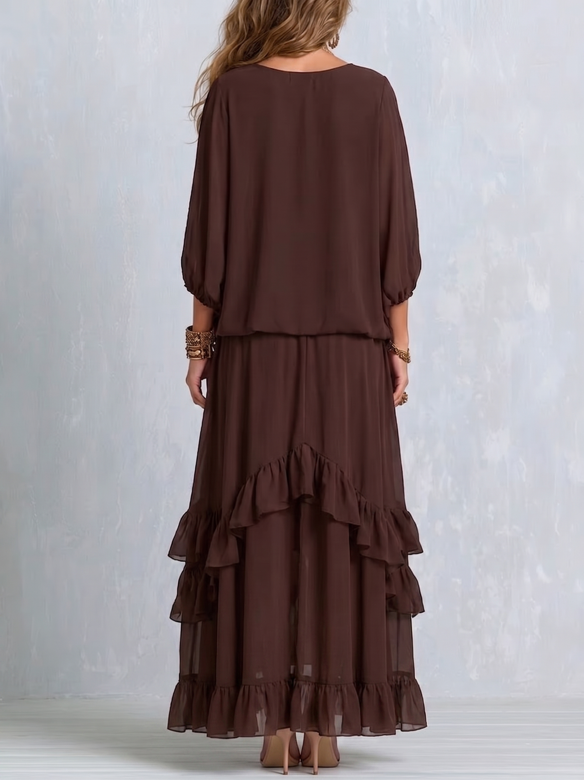 Verónica Brown Chiffon Tassel Drawstring V Neck Top Paired with A-line Ruffled Layered Skirt Set – Sienna Noosa