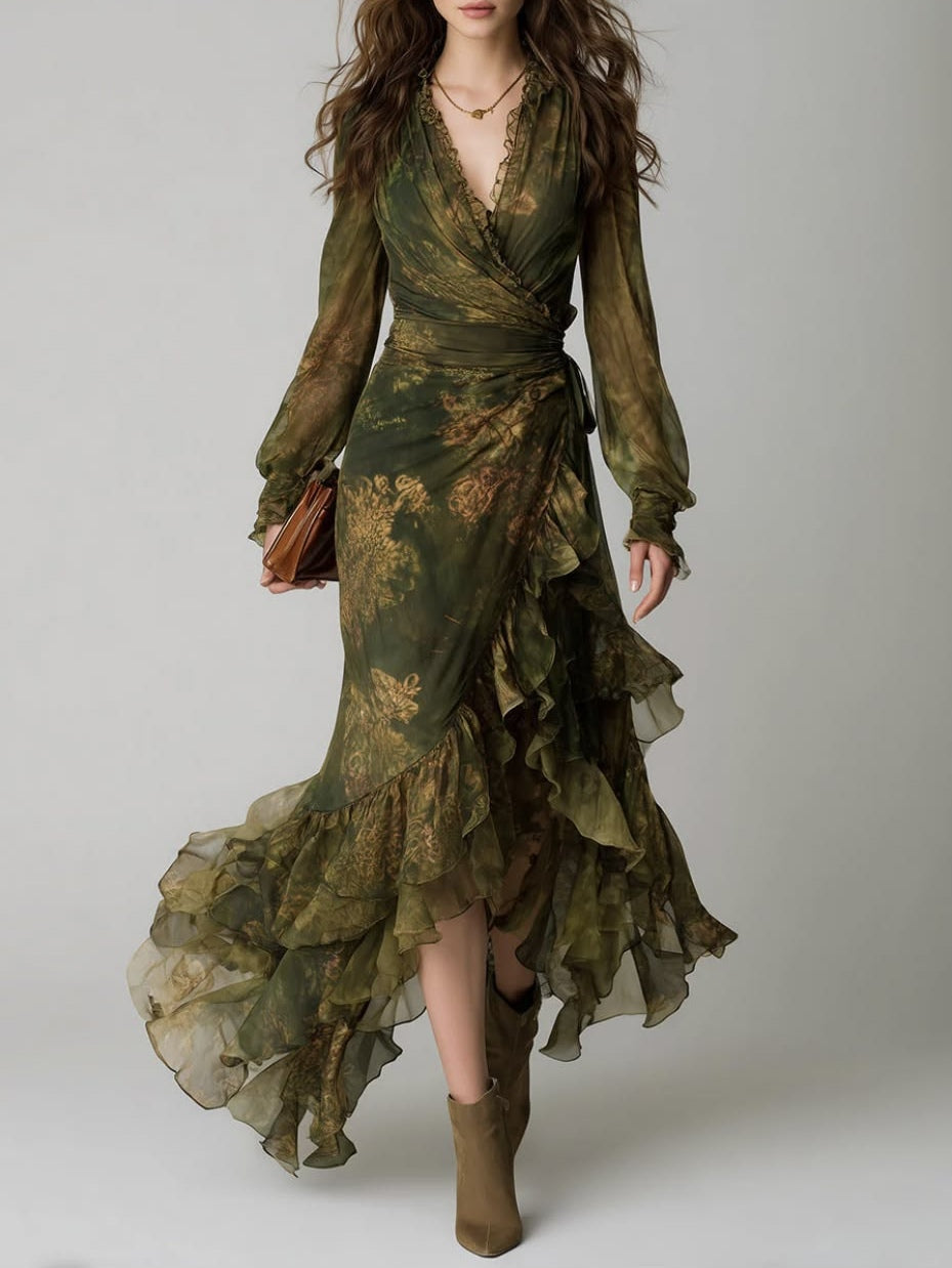 Green Floral Print Irregular Layered Ruffle Chiffon Maxi Dress – Sienna Noosa