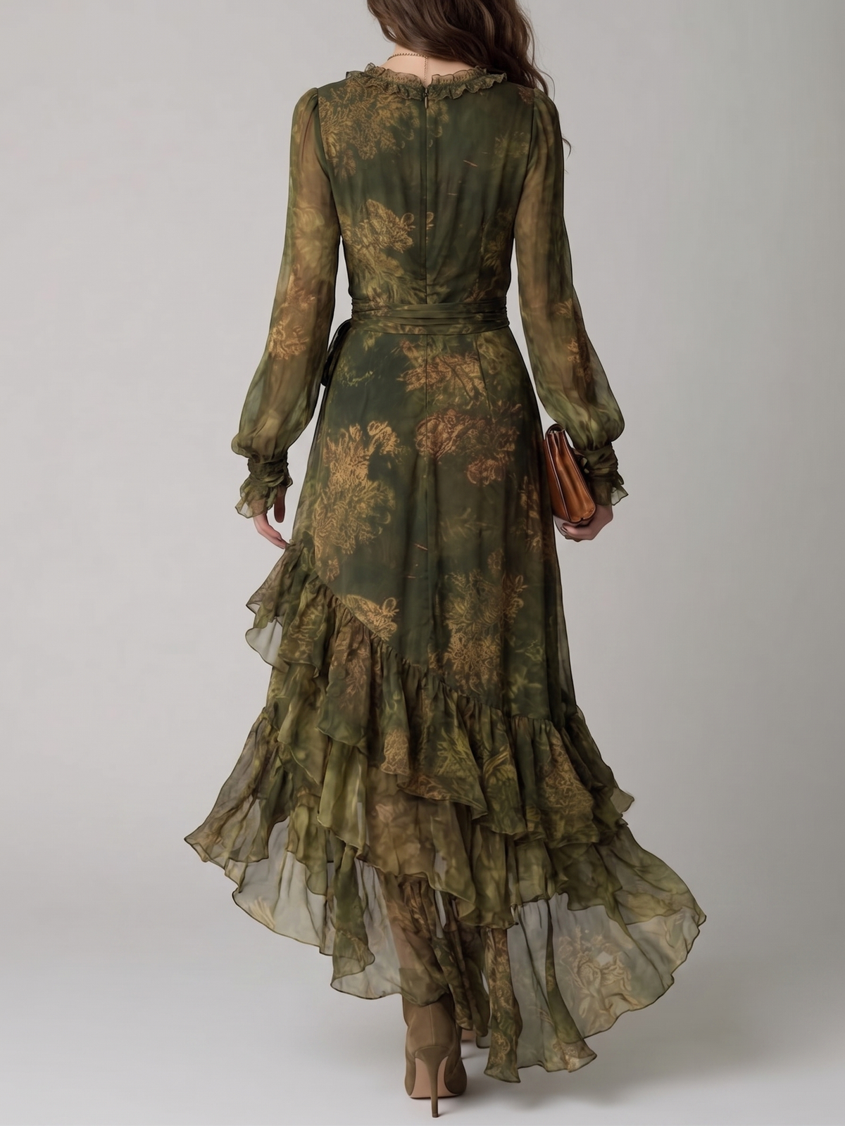 Green Floral Print Irregular Layered Ruffle Chiffon Maxi Dress – Sienna Noosa