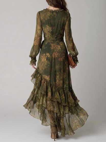 Green Floral Print Irregular Layered Ruffle Chiffon Maxi Dress – Sienna Noosa