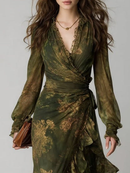 Green Floral Print Irregular Layered Ruffle Chiffon Maxi Dress – Sienna Noosa