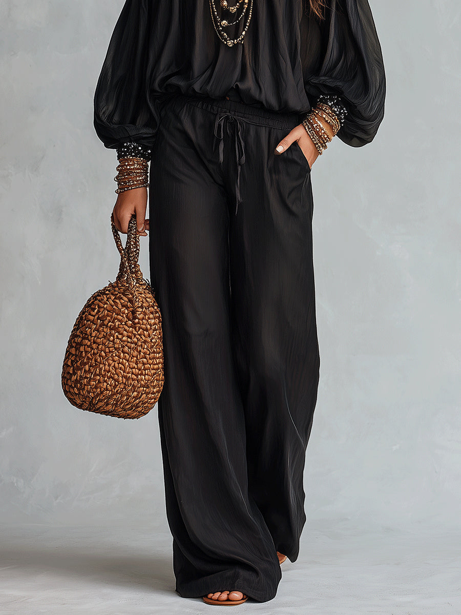 Rocío Black Off the Shoulder Sequined Top Paired with Drawstring Wide Leg Pants Set – Sienna Noosa