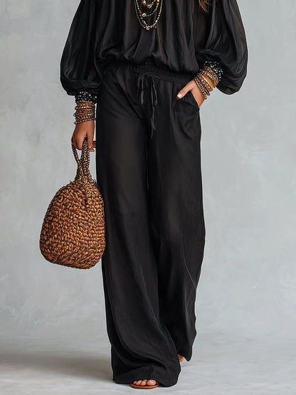 Rocío Black Off the Shoulder Sequined Top Paired with Drawstring Wide Leg Pants Set – Sienna Noosa