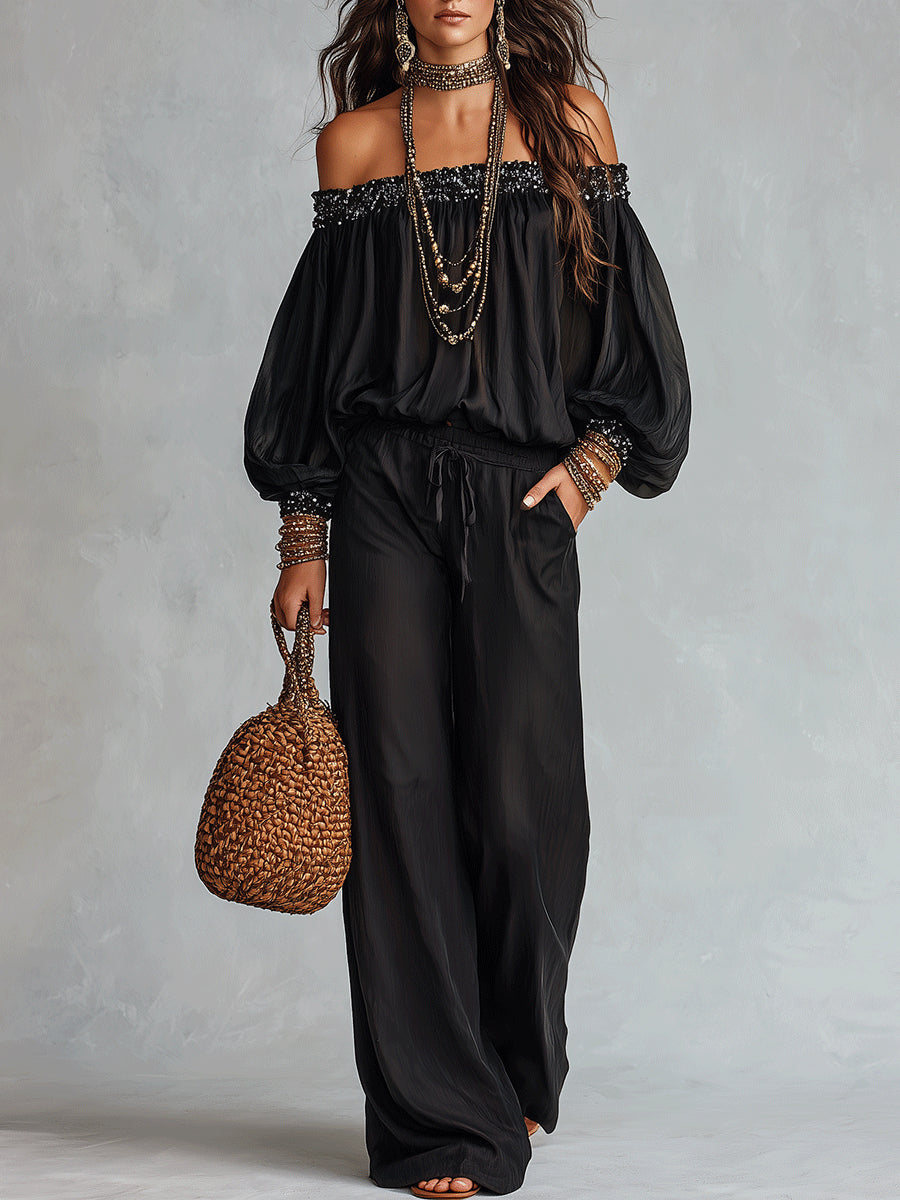 Rocío Black Off the Shoulder Sequined Top Paired with Drawstring Wide Leg Pants Set – Sienna Noosa