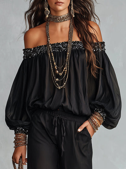 Rocío Black Off the Shoulder Sequined Top Paired with Drawstring Wide Leg Pants Set – Sienna Noosa
