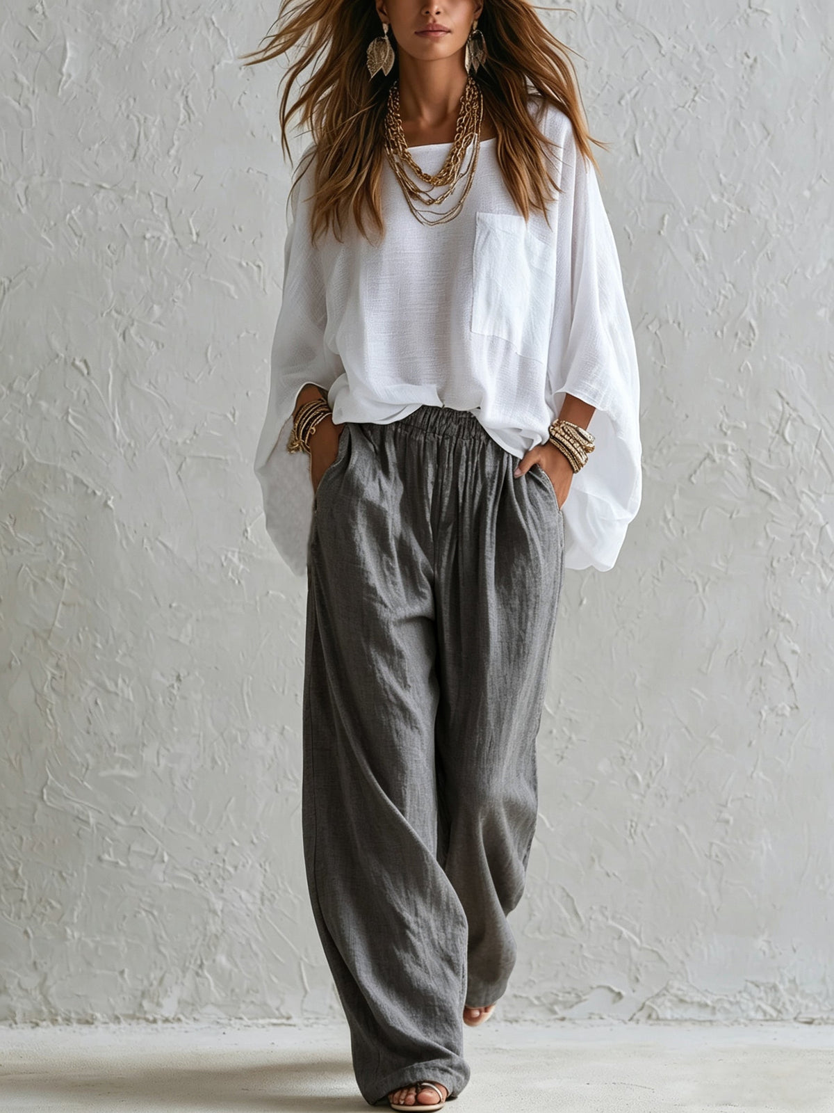White Loose Top and Gray Elastic Waist Wide Leg Pants Suit – Sienna Noosa