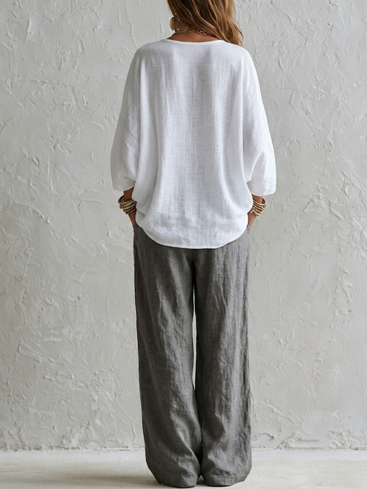 White Loose Top and Gray Elastic Waist Wide Leg Pants Suit – Sienna Noosa