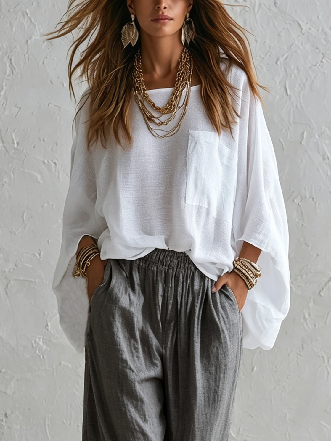 White Loose Top and Gray Elastic Waist Wide Leg Pants Suit – Sienna Noosa