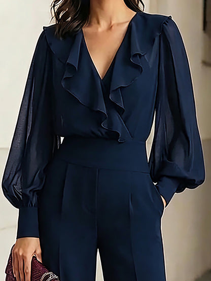 Ángela Navy Blue Ruffled Chiffon Top and Wide Leg Pants Two-Piece Set – Sienna Noosa