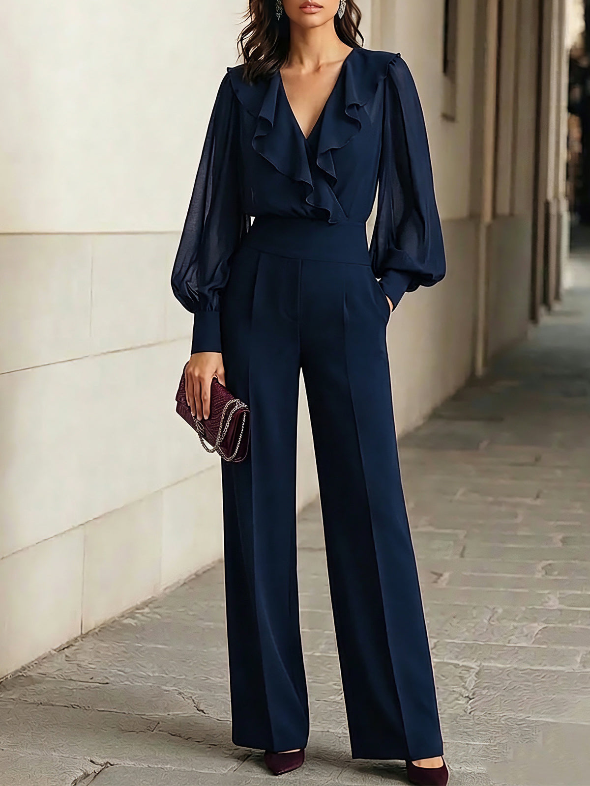 Ángela Navy Blue Ruffled Chiffon Top and Wide Leg Pants Two-Piece Set – Sienna Noosa