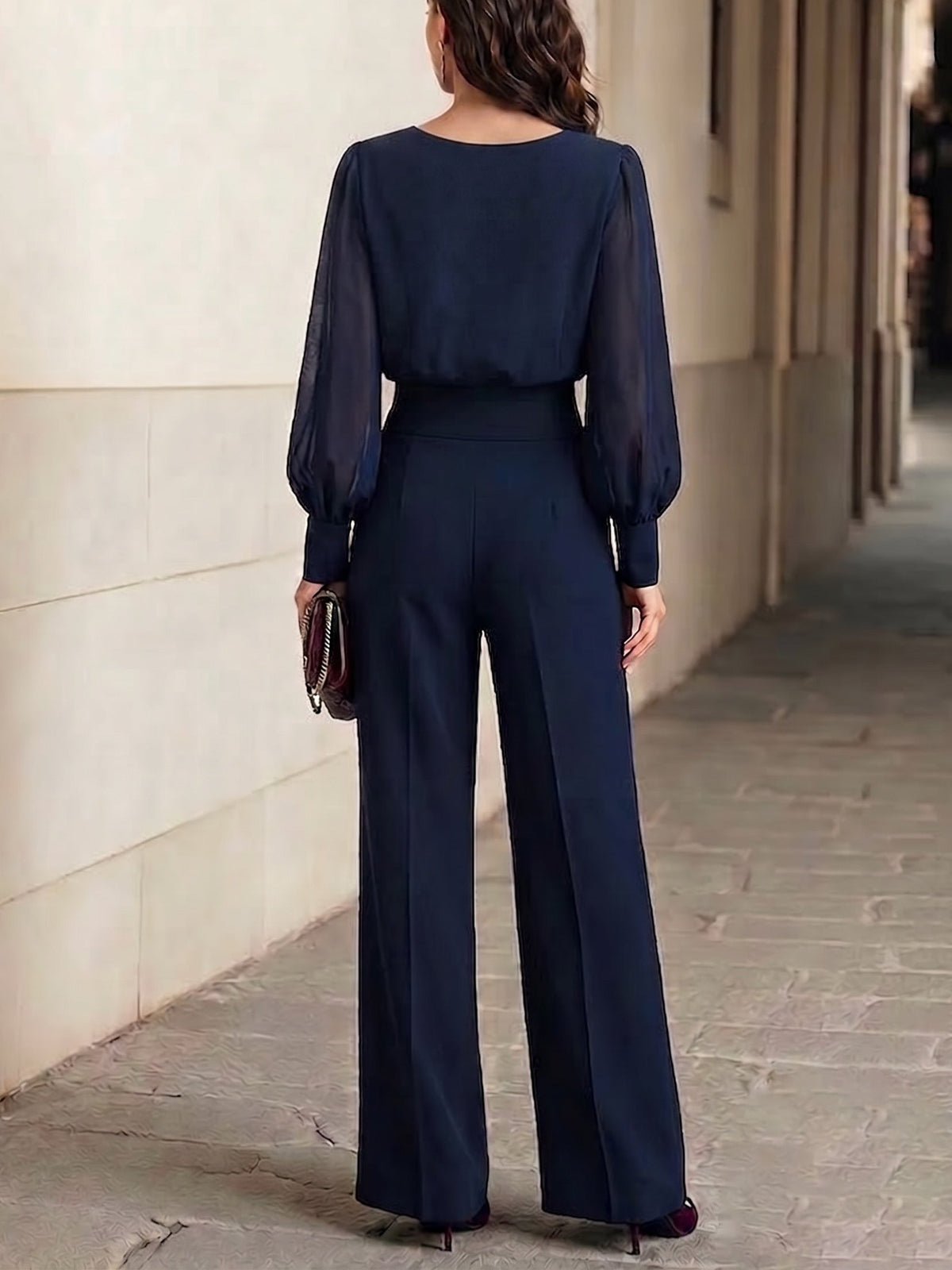 Ángela Navy Blue Ruffled Chiffon Top and Wide Leg Pants Two-Piece Set – Sienna Noosa