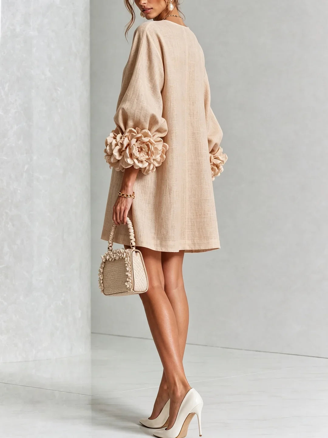 Elvira Mini Dress White With Buttons Florales And Sleeves Flores – Sienna Noosa