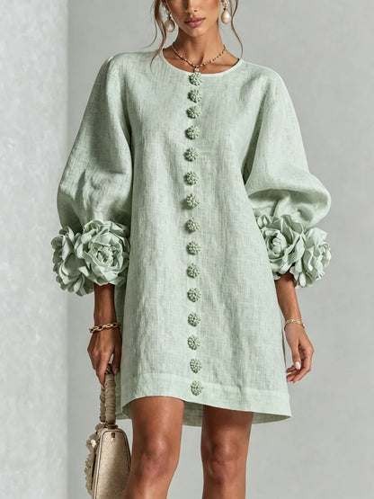 Elvira Mini Dress White With Buttons Florales And Sleeves Flores – Sienna Noosa