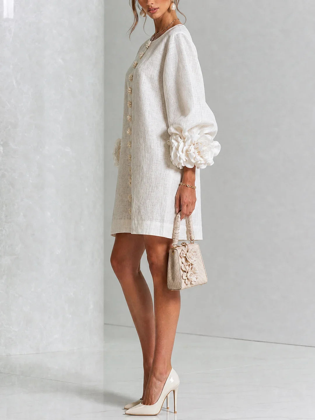Elvira Mini Dress White With Buttons Florales And Sleeves Flores – Sienna Noosa