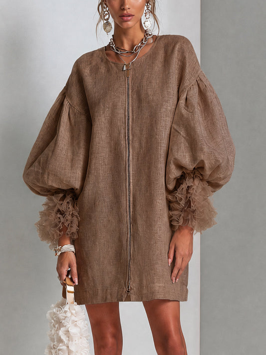 Brown Zip Front Balloon Sleeve Mini Dress with Pleated Ruffle Cuffs – Sienna Noosa