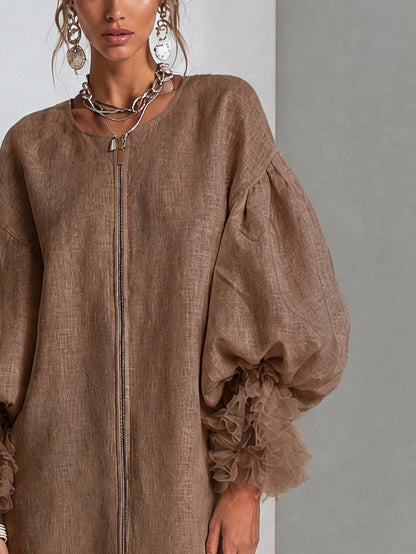 Brown Zip Front Balloon Sleeve Mini Dress with Pleated Ruffle Cuffs – Sienna Noosa